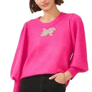 CeCe Hot Pink Long Puff Sleeve Rhinestone Accent Sweater Size Small